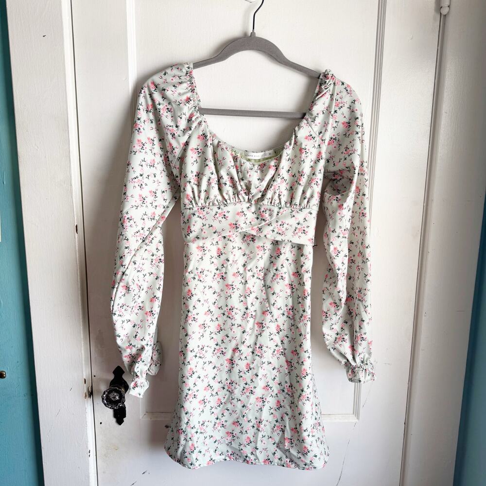 Altar’s State Lola Crossover Mint Green Pink Floral Mini Dress Milkmaid Medium
